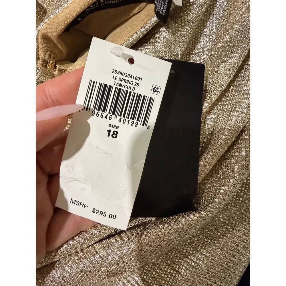 Lauren Ralph Lauren Twist-Front Foil Print Cape-Overlay Gown Gold/Tan 18 - Picture 7 of 7